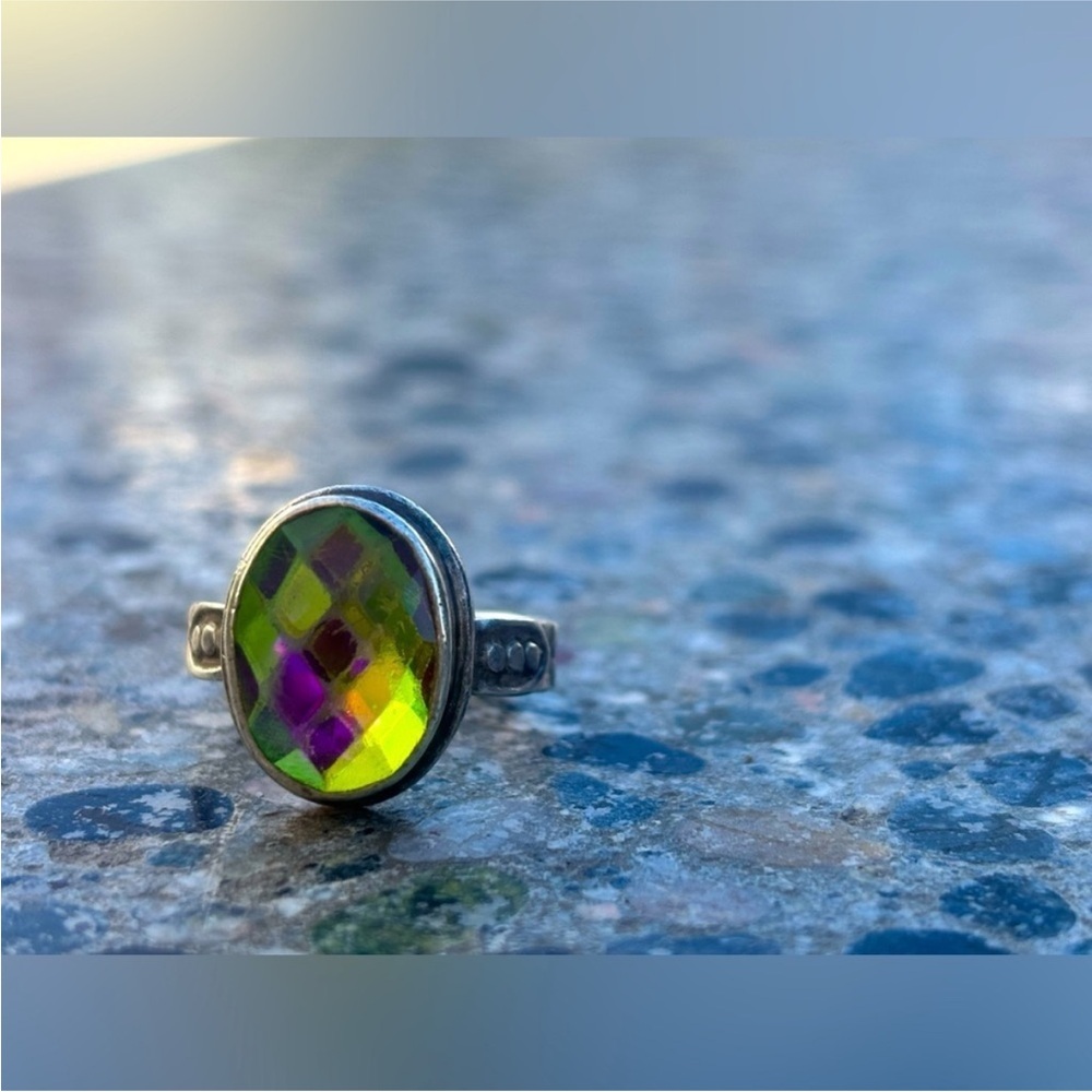 STERLING Silver Unique Vintage Faux Mystic Topaz Glass Ring 925 Stamp Size 7